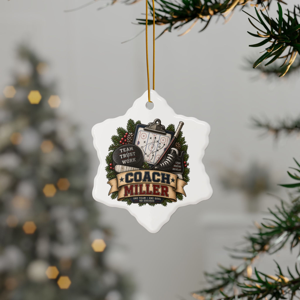 Hockey Coach Christmas Ornament, Personalized Coach Gift, Team Hockey Keepsake, Double Sided Ceramic Ornament, Hockey Coach Decor