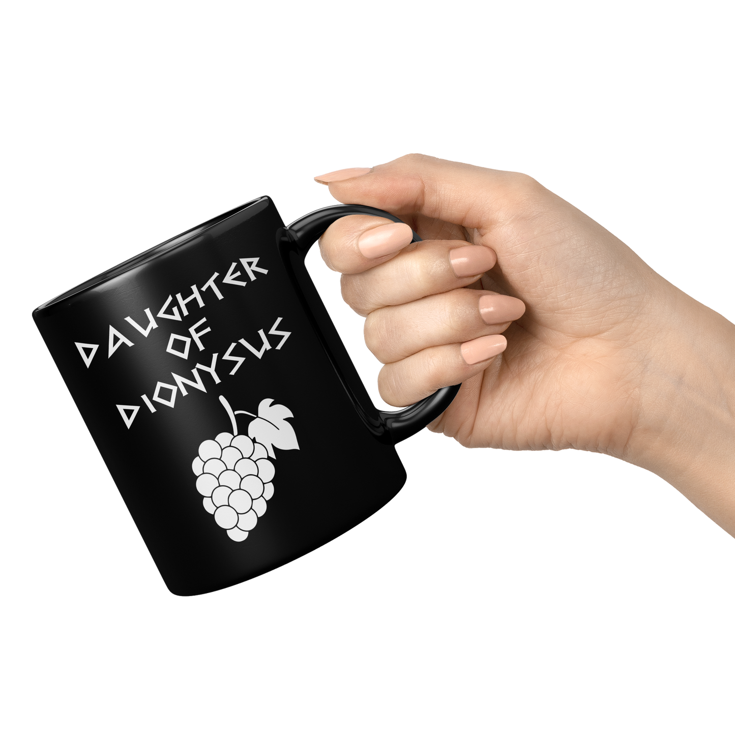 Daughter_of_Dionysus_11oz_black_mug_11oz_Black_RH_Model_Mockup.png