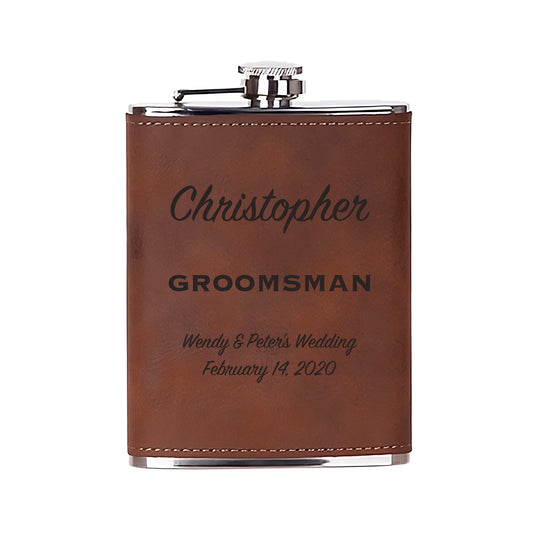 Personalized Brown Leatherette 8oz Stainless Steel Flask, engraved with the name, title, wedding party & wedding date