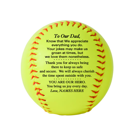 Father's Day Personalized Softball from son, daughter or kids. Custom Softball for Dad