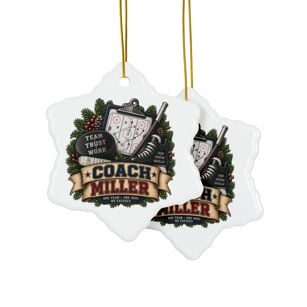 Hockey Coach Christmas Ornament, Personalized Coach Gift, Team Hockey Keepsake, Double Sided Ceramic Ornament, Hockey Coach Decor