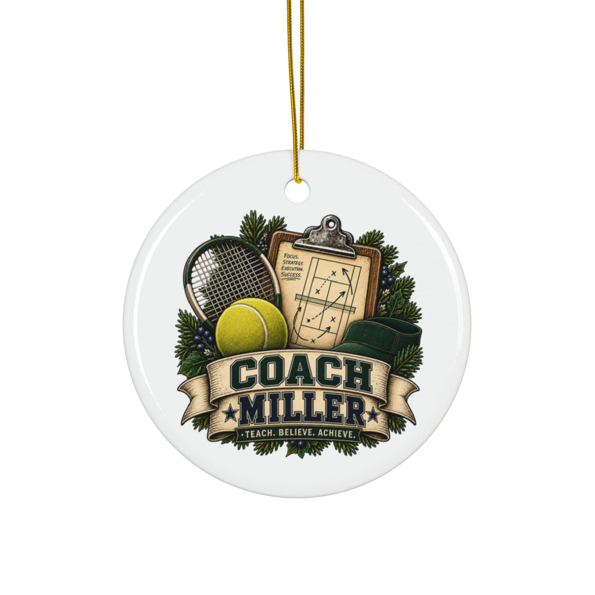 Tennis Coach Christmas Ornament, Personalized Coach Gift, Tennis Keepsake, Double Sided Ceramic Ornament, Sports Team Gift