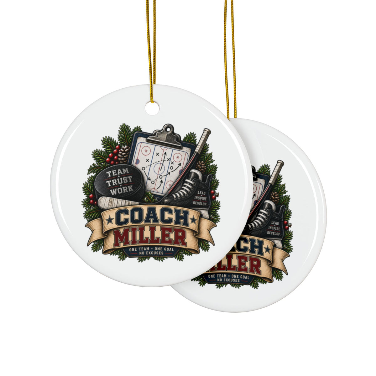 Hockey Coach Christmas Ornament, Personalized Coach Gift, Team Hockey Keepsake, Double Sided Ceramic Ornament, Hockey Coach Decor