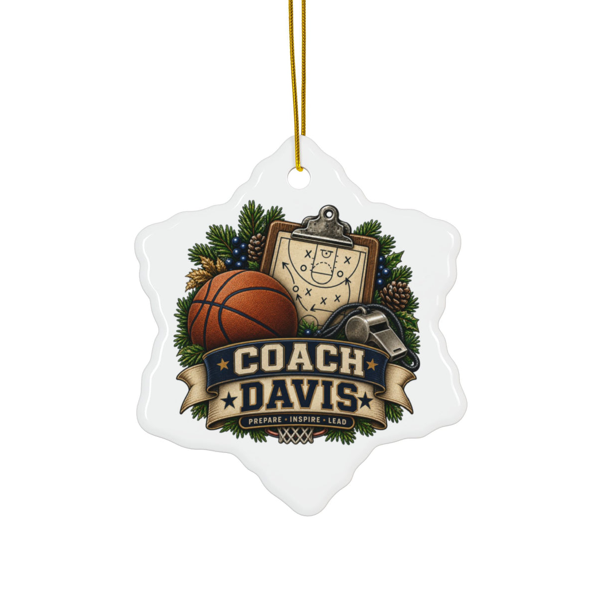 A white, snowflake-shaped hanging ornament with a gold string, featuring a basketball-themed graphic with the text 'COACH DAVIS' and sports icons like a basketball, whistle, clipboard, pinecones, and evergreen branches on a white background.