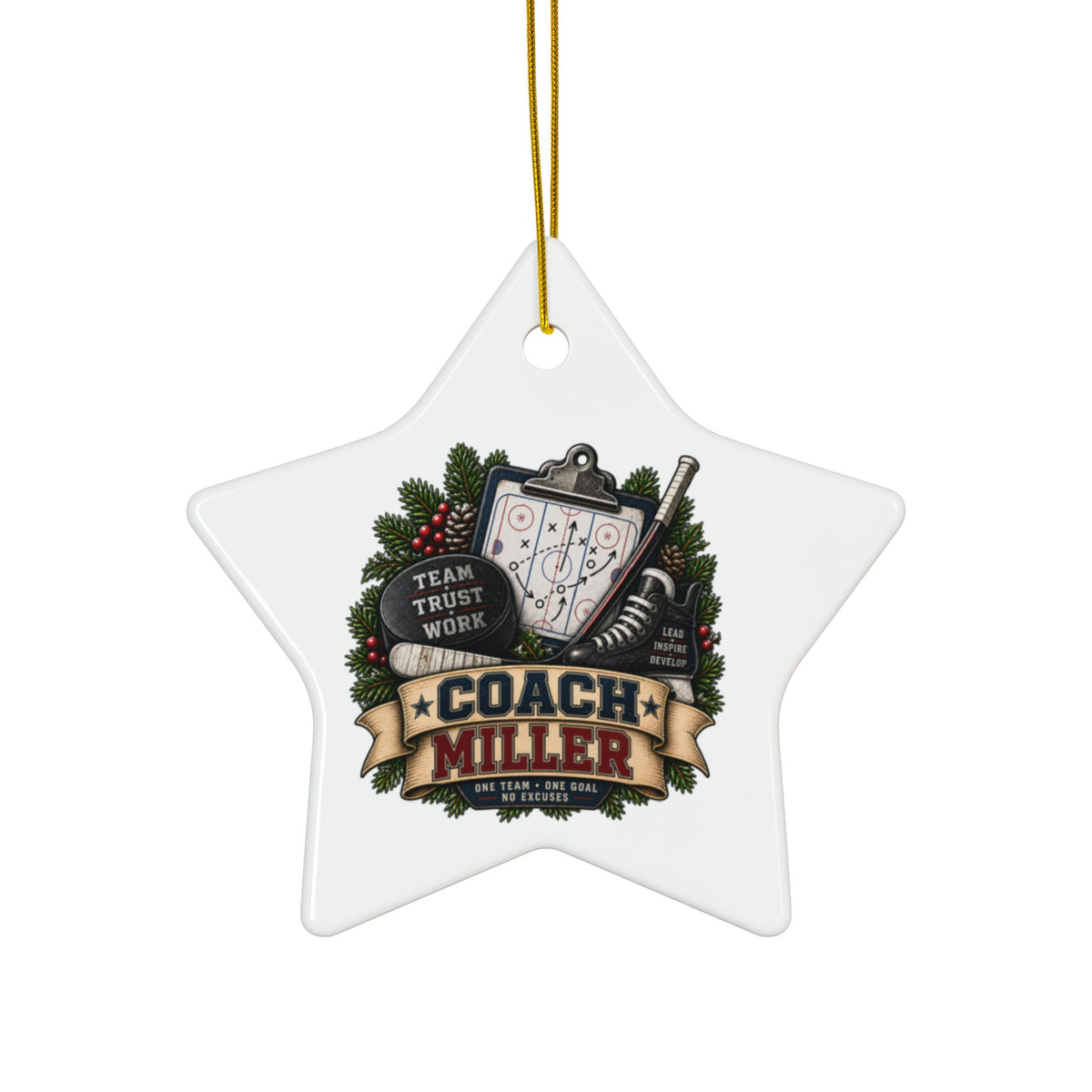 Hockey Coach Christmas Ornament, Personalized Coach Gift, Team Hockey Keepsake, Double Sided Ceramic Ornament, Hockey Coach Decor