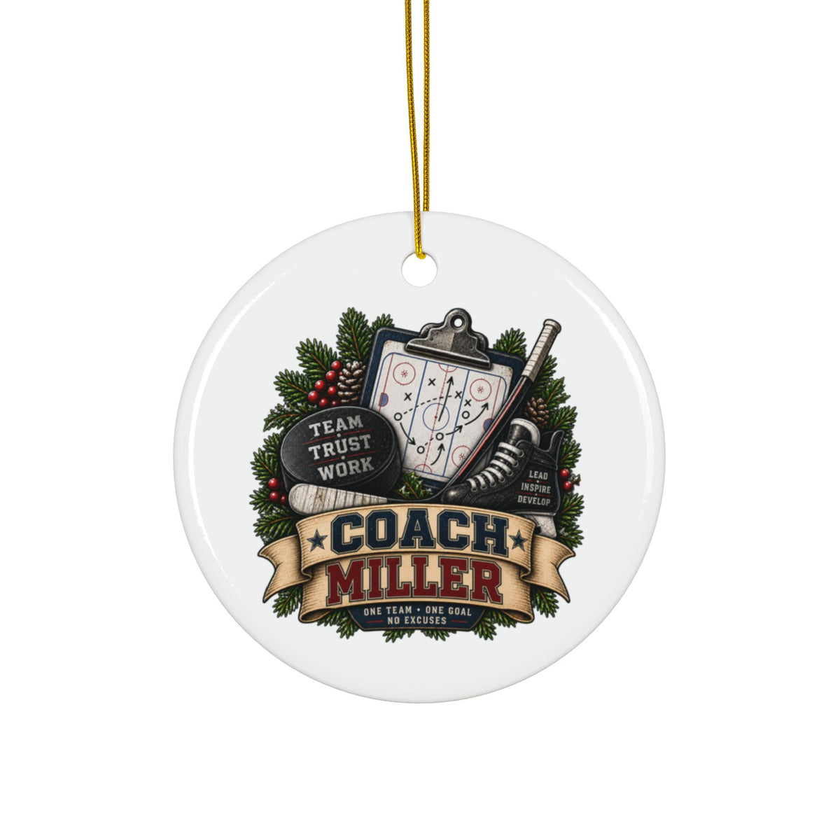 Hockey Coach Christmas Ornament, Personalized Coach Gift, Team Hockey Keepsake, Double Sided Ceramic Ornament, Hockey Coach Decor