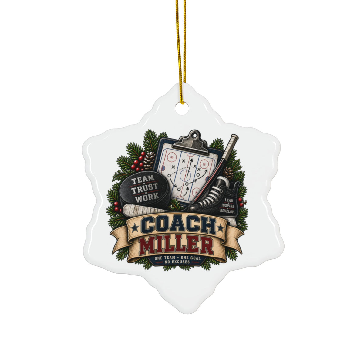 Hockey Coach Christmas Ornament, Personalized Coach Gift, Team Hockey Keepsake, Double Sided Ceramic Ornament, Hockey Coach Decor