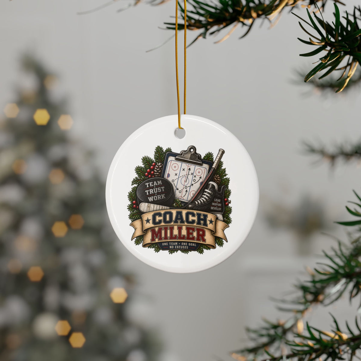 Hockey Coach Christmas Ornament, Personalized Coach Gift, Team Hockey Keepsake, Double Sided Ceramic Ornament, Hockey Coach Decor