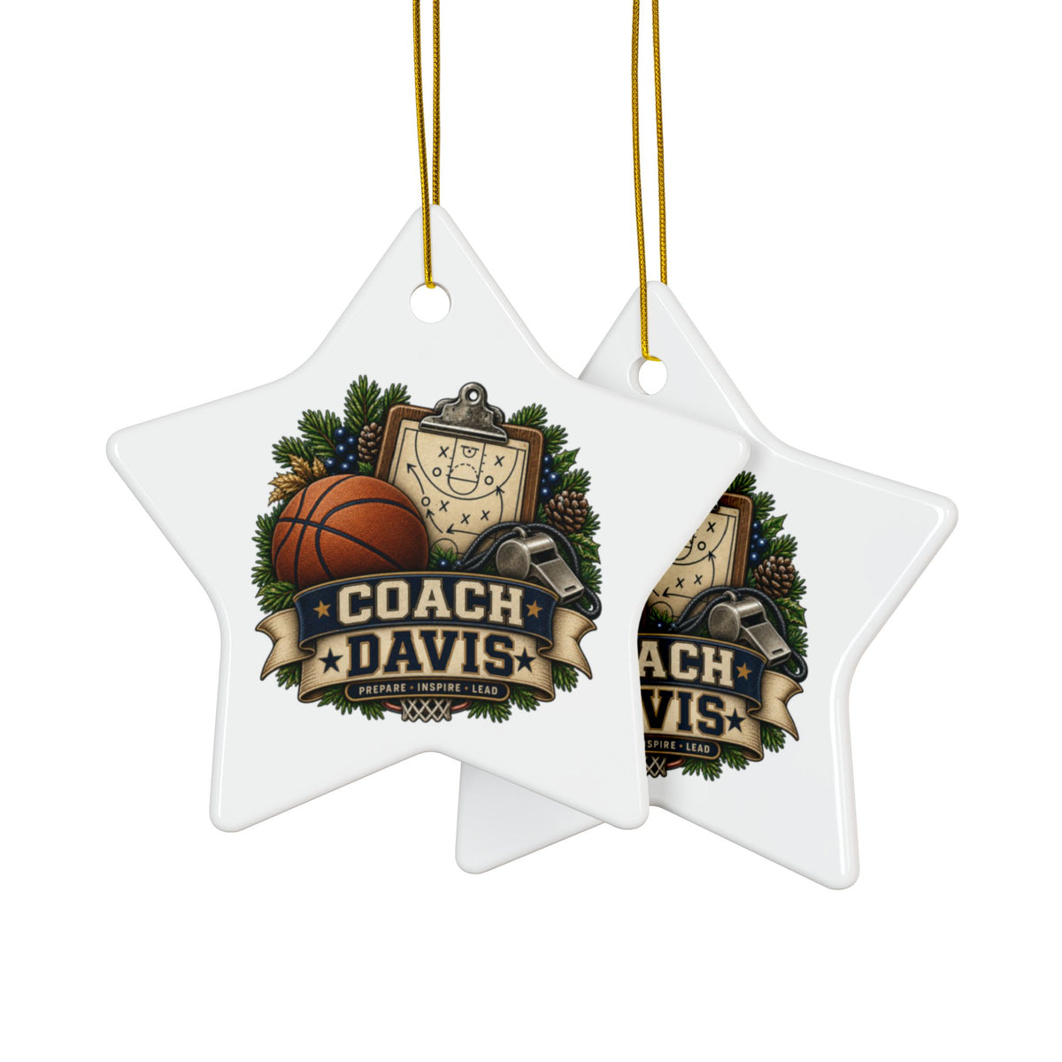 Two white star-shaped hanging ornaments with gold hanging strings, featuring a basketball-themed graphic with the text 'COACH DAVIS' and sports icons like a basketball, clipboard, whistle, and pinecones.