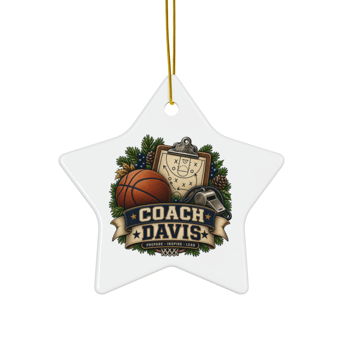 A white star-shaped Christmas ornament with a gold hanging string, featuring a custom basketball-themed graphic that reads 'COACH DAVIS' with a basketball, clipboard, whistle, pinecones, and evergreen branches.