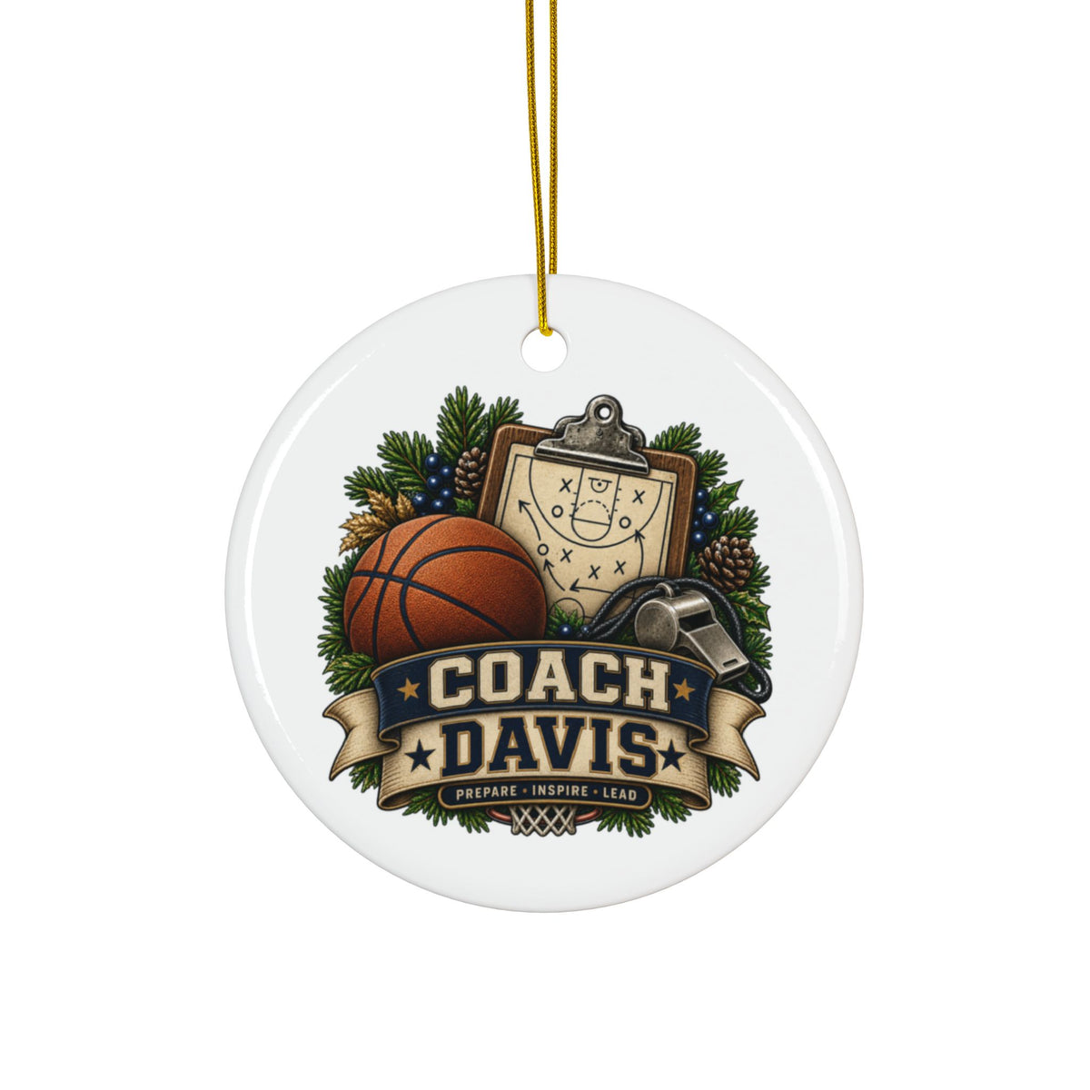 A round white ceramic ornament hanging from a gold string, featuring a custom sports graphic with a basketball, clipboard, whistle, pinecones, and the text 'COACH DAVIS'.