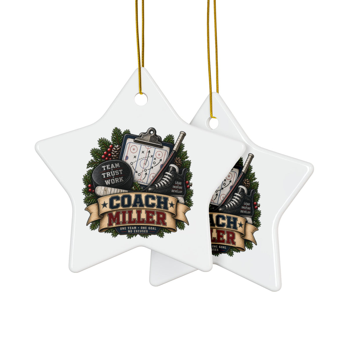 Hockey Coach Christmas Ornament, Personalized Coach Gift, Team Hockey Keepsake, Double Sided Ceramic Ornament, Hockey Coach Decor