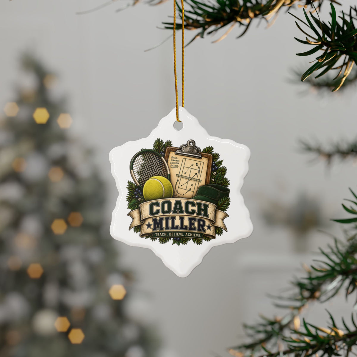 Tennis Coach Christmas Ornament, Personalized Coach Gift, Tennis Keepsake, Double Sided Ceramic Ornament, Sports Team Gift