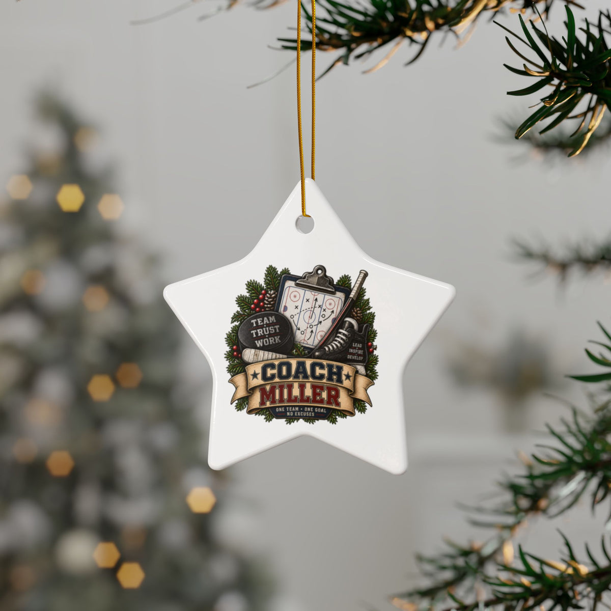Hockey Coach Christmas Ornament, Personalized Coach Gift, Team Hockey Keepsake, Double Sided Ceramic Ornament, Hockey Coach Decor