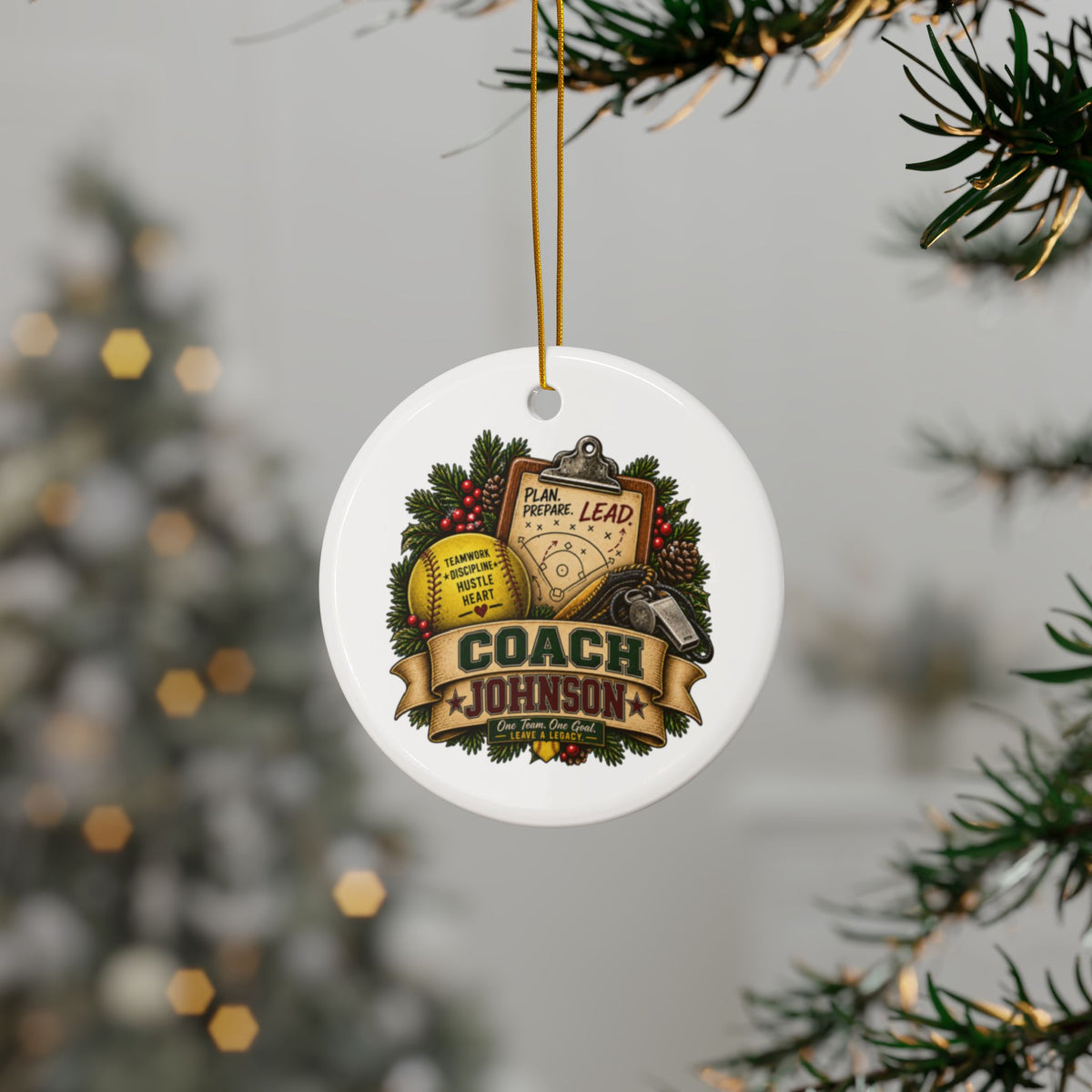 Personalized Softball Coach Christmas Ornament, Custom Coach Name Gift, Softball Team Keepsake, Double Sided Ceramic Holiday Decoration