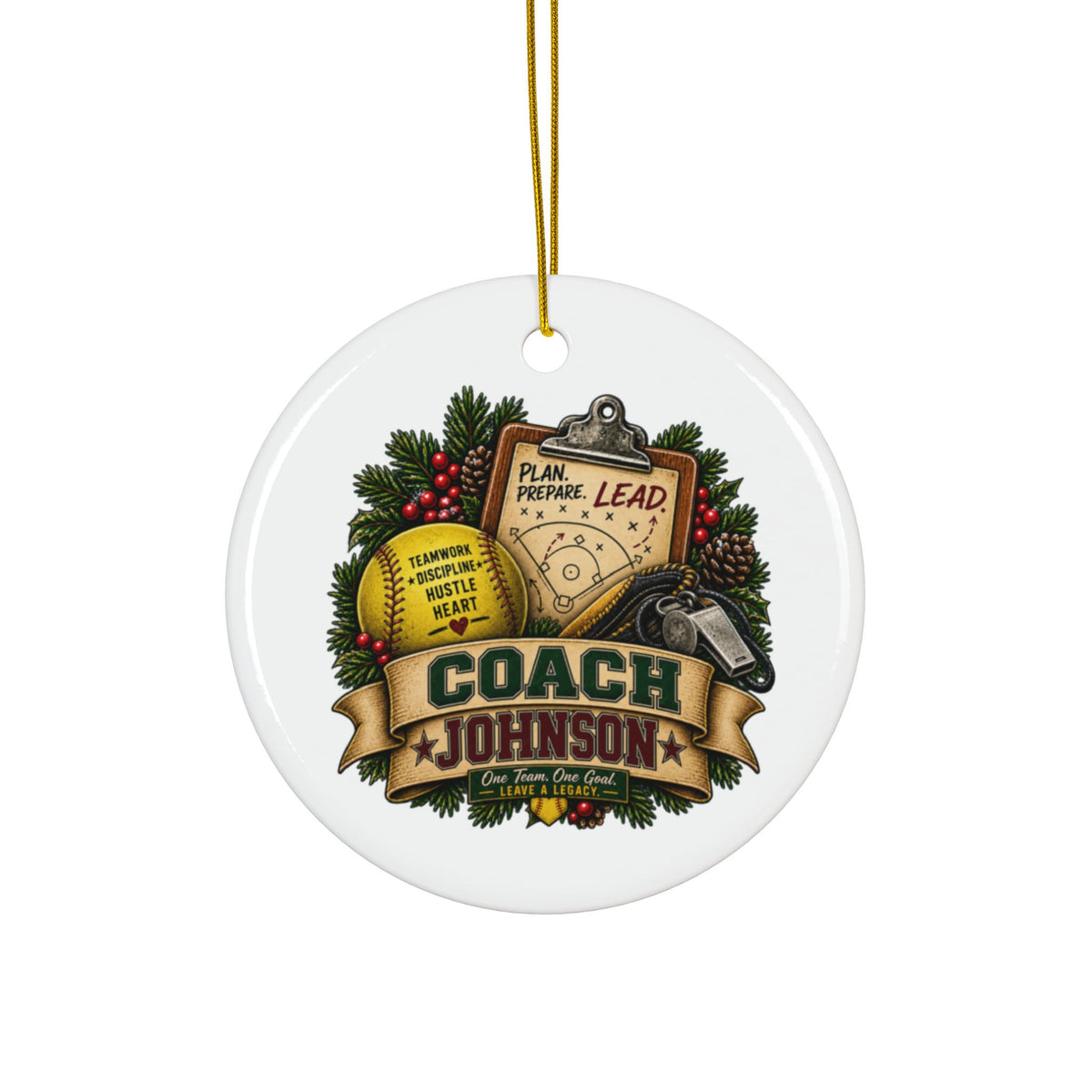 Personalized Softball Coach Christmas Ornament, Custom Coach Name Gift, Softball Team Keepsake, Double Sided Ceramic Holiday Decoration